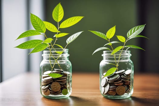The image shows two glass jars filled with coins and a small plant growing out of the top of one of them.