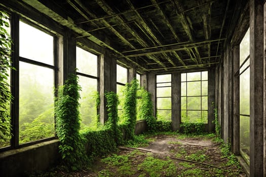 The image shows a dilapidated room with a large window on one side and a door on the other, surrounded by overgrown plants.