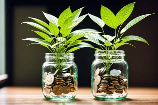 The image shows two glass jars filled with coins and a small plant growing out of the top of one of them.