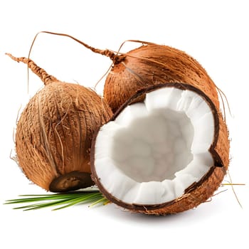 Ingredient Coconut. A coconut is cut in half on a white background. Natural food source rich in nutrients from plant produce. Can be used in dishes