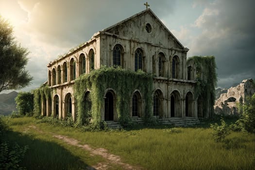 The image shows a dilapidated church with overgrown vines and trees growing out of the walls.