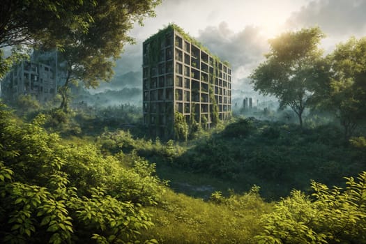 The image shows a dense forest with tall trees and overgrown vegetation, with a large, modern building in the background.