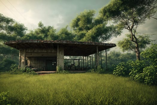 The image depicts a small, dilapidated wooden shack surrounded by lush green grass and trees in a misty forest setting.