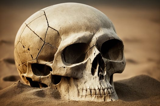 The image is a skull buried in the sand with a desert landscape in the background.