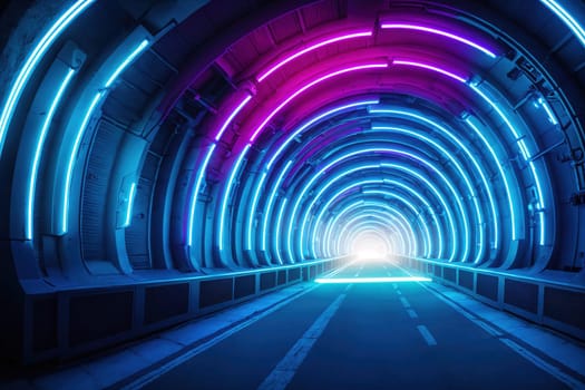 The image depicts a long, dark tunnel with neon lights on the walls and ceiling, creating a futuristic and surreal atmosphere.
