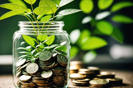 The image shows a glass jar filled with coins and surrounded by green plants.