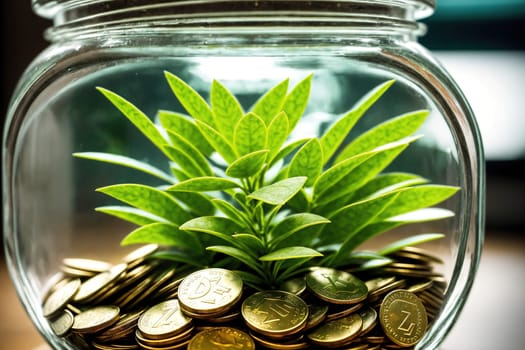 The image shows a small plant growing in a glass jar filled with coins.
