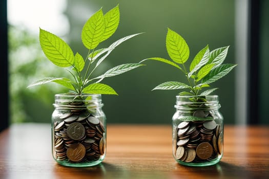 The image shows two small pots filled with coins on a wooden table, surrounded by green plants.