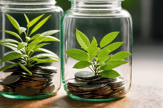 The image shows two glass jars filled with coins and a small plant growing out of one of them.
