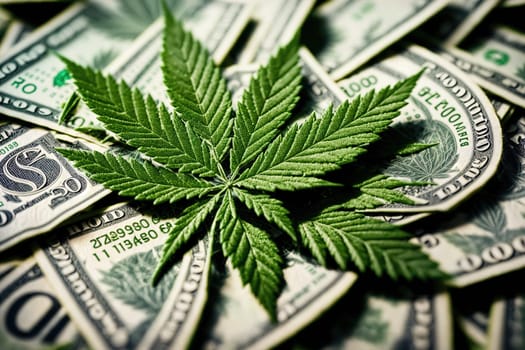 The image shows a pile of money with a marijuana leaf on top.