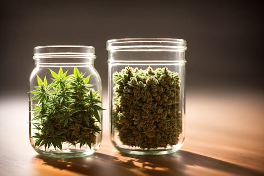 The image shows two glass jars filled with marijuana plants.