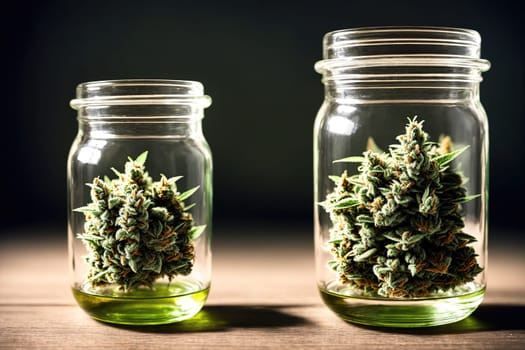The image shows three glass jars filled with marijuana plants, with the leaves and stems visible through the glass.