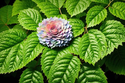 The image shows a close up of a pink flower with green leaves in the background.