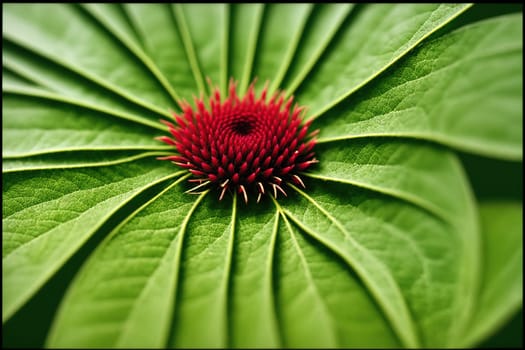 The image is a close-up of a green flower with a red center.