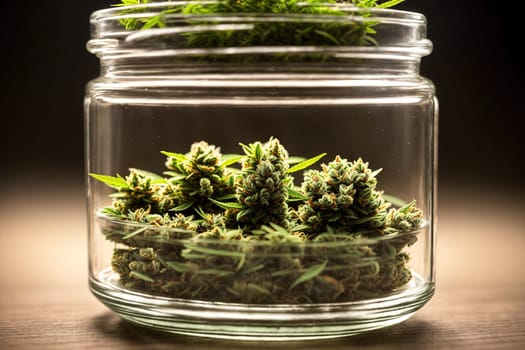 The image shows a glass jar filled with marijuana plants growing inside it.