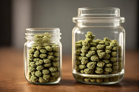 The image shows three glass jars filled with green marijuana buds.