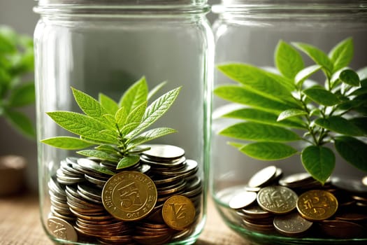 The image shows three mason jars filled with coins and a small plant growing out of one of the jars.