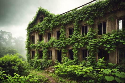 The image shows an old, abandoned building with overgrown vines and moss covering the walls and windows, creating a haunting and eerie atmosphere.