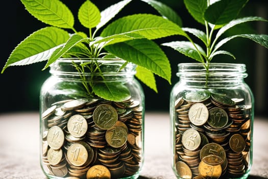 The image shows two glass jars filled with coins, one with a small plant growing out of it, and a third jar with a coin on top of it.