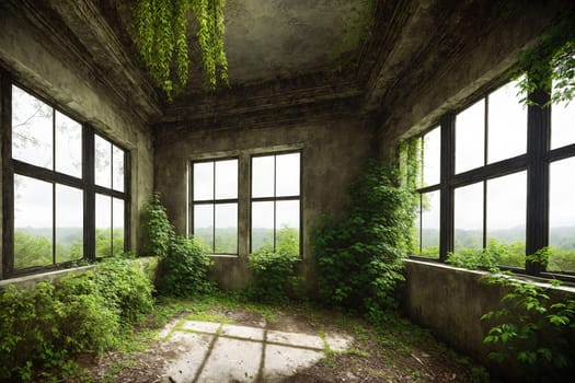 The image shows a dilapidated, abandoned building with broken windows and overgrown vegetation.