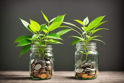 The image shows two small potted plants growing in glass jars filled with coins.