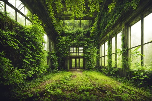 The image shows a long, narrow corridor with large windows on either side, surrounded by overgrown vegetation.