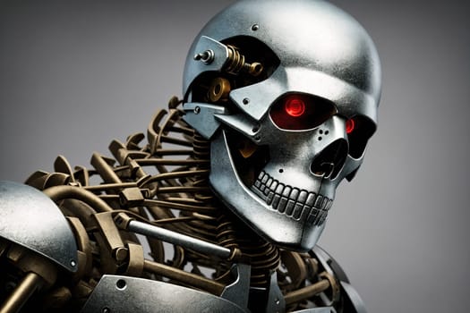 The image is a depiction of a humanoid robot with glowing red eyes.