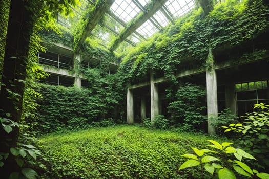 The image shows a large, abandoned building with overgrown greenery growing out of the walls and floor.