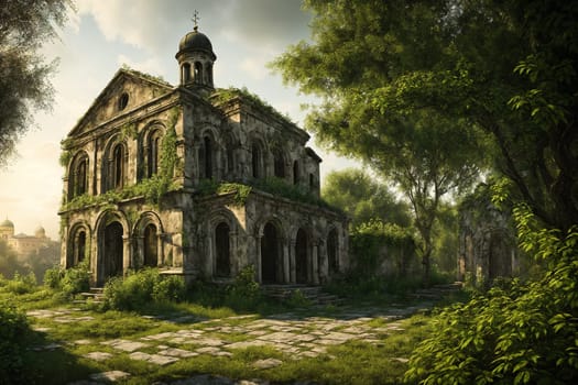The image depicts an old, abandoned church with overgrown vegetation and broken windows, surrounded by trees and a dirt path.