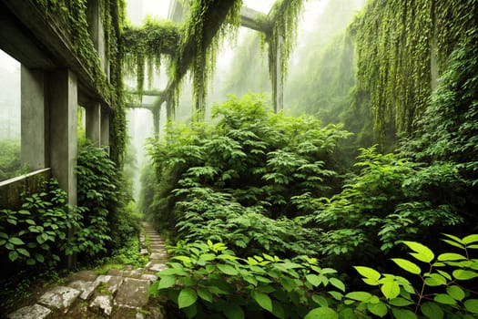 The image shows a pathway surrounded by overgrown plants and vines, leading to a dilapidated building with broken windows and a crumbling facade.