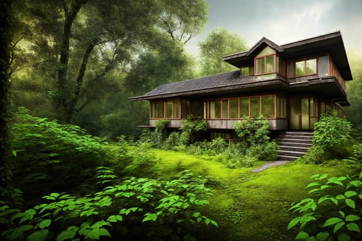 The image shows a small, modern house surrounded by lush greenery in a dense forest.