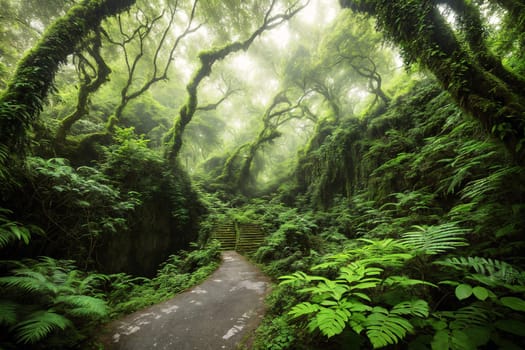 The image shows a narrow, winding path through a dense, mossy forest with tall trees on either side, creating a misty and mysterious atmosphere.