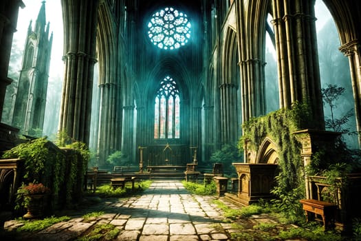 The image depicts a large, Gothic cathedral with stained glass windows, pews, and an altar.