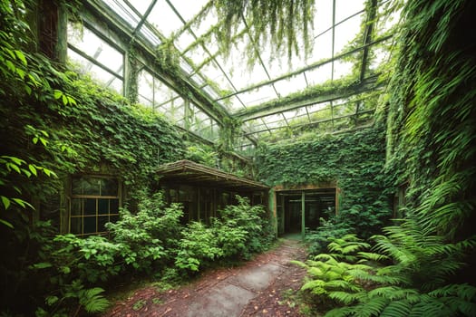 The image shows a large, greenhouse-like structure with windows on all sides, surrounded by lush green plants and trees.