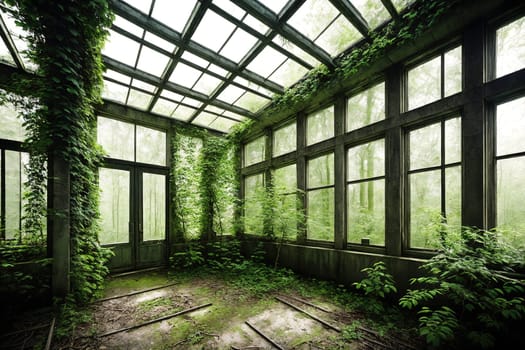 The image shows a large, abandoned greenhouse with broken windows and overgrown plants growing inside.