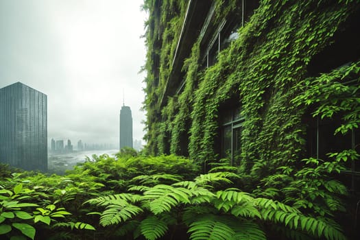 The image shows a green wall with plants growing on it, overlooking a city skyline in the background.