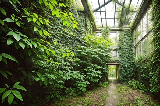 The image shows a dilapidated greenhouse with broken windows and overgrown vegetation.