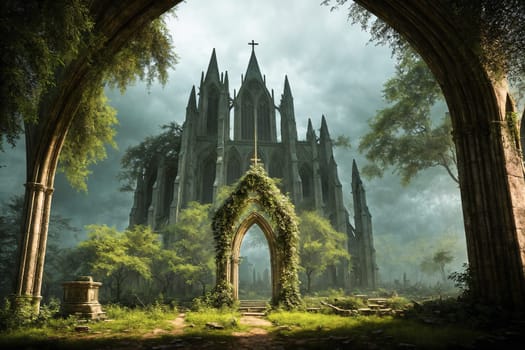 The image depicts an overgrown and abandoned church with vines and moss growing on the walls, surrounded by a dense forest.