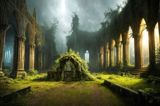 The image depicts an abandoned church with vines growing over the walls and a path leading to an entrance.