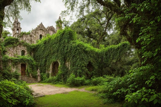 The image shows a large, abandoned mansion with overgrown ivy covering the walls and windows.