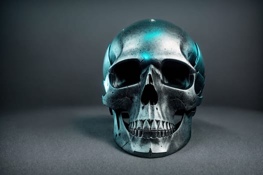 The image is a 3D rendering of a human skull with a metallic finish.