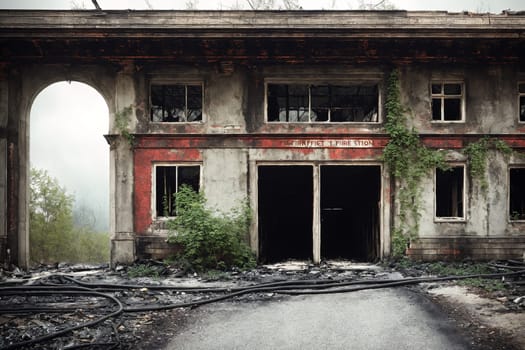The image shows a burned out building with broken windows and doors, surrounded by debris and rubble.