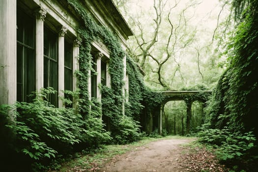 The image shows a long, winding path through a dense, overgrown forest with tall, vine-covered buildings on either side.
