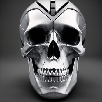 The image is a 3D rendering of a skull with a metallic finish.