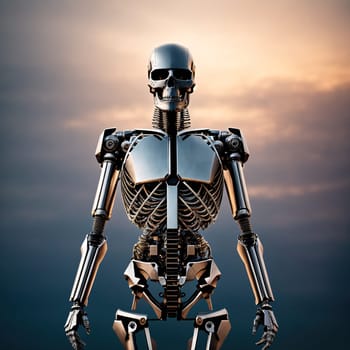 The image is a 3D rendering of a skeleton standing on a cloudy background.