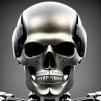The image is a 3D rendering of a human skull with glowing blue eyes and a neutral expression.