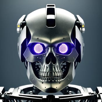 The image is a 3D rendering of a humanoid robot with glowing purple eyes and a silver body.