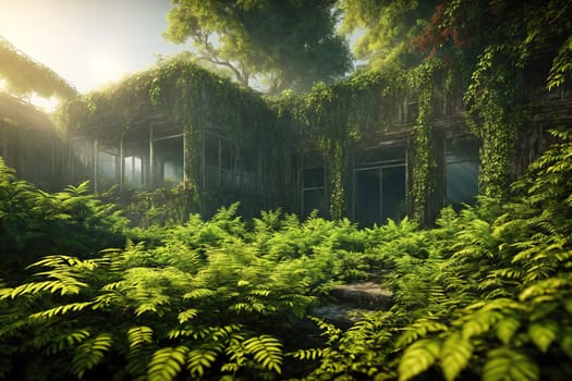 The image depicts a dilapidated, overgrown building surrounded by lush green foliage in a misty, eerie atmosphere.