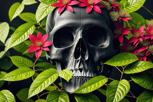 The image depicts a skull surrounded by leaves and flowers, with a green background.