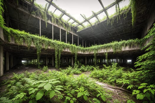 The image shows a dilapidated building with overgrown plants growing out of the walls and windows.